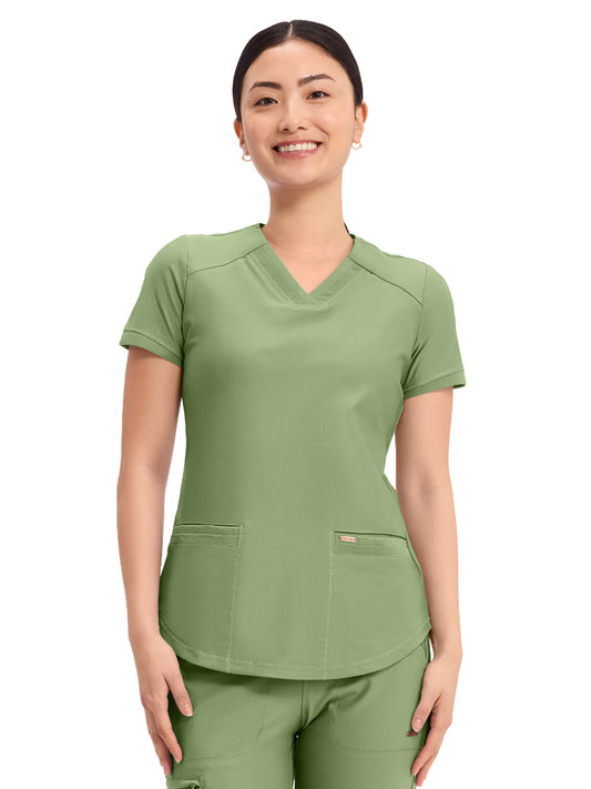 Women's 2-Pocket Curved Hemline V-Neck Top - CK840 - Bright Sage