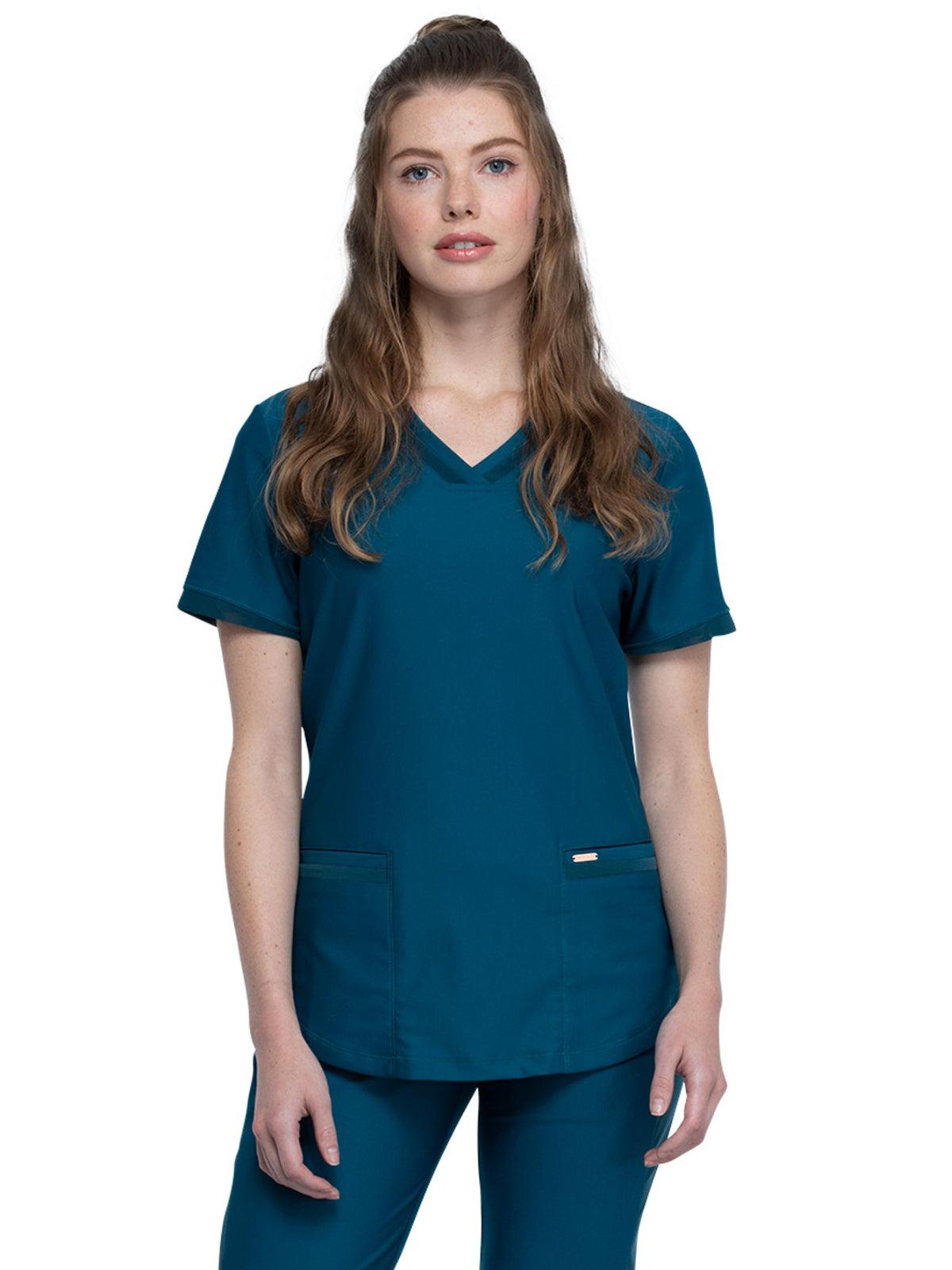 Women's 2-Pocket Curved Hemline V-Neck Top - CK840 - Caribbean Blue