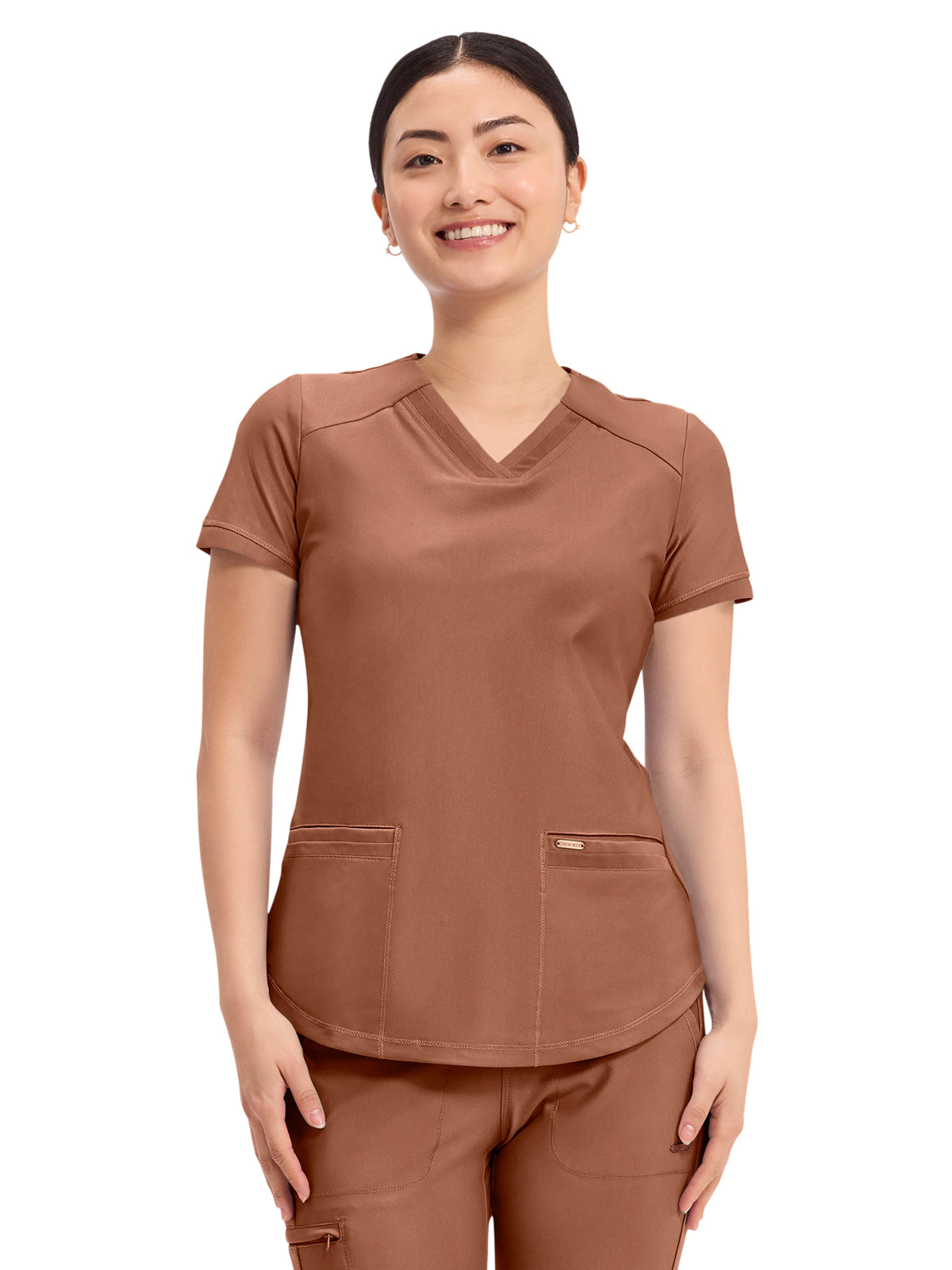 Women's 2-Pocket Curved Hemline V-Neck Top - CK840 - Caffe Mocha