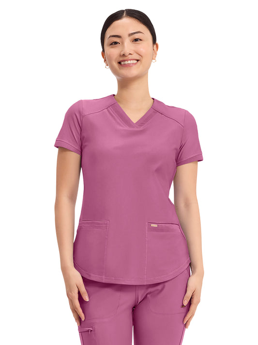 Women's 2-Pocket Curved Hemline V-Neck Top - CK840 - Dusty Mauve