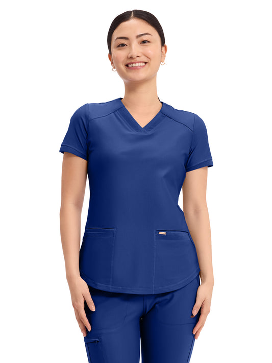 Women's 2-Pocket Curved Hemline V-Neck Top - CK840 - Galaxy Blue