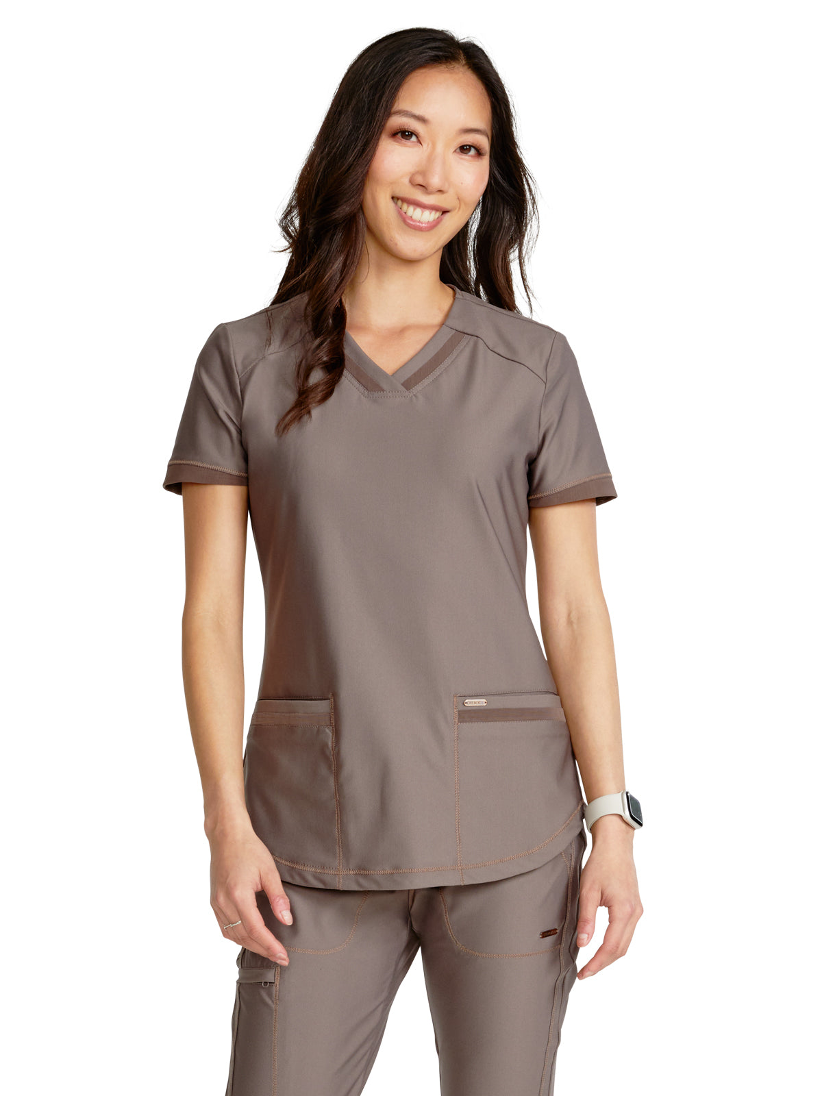 Women's 2-Pocket Curved Hemline V-Neck Top - CK840 - Iron
