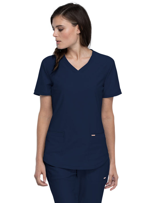 Women's 2-Pocket Curved Hemline V-Neck Top - CK840 - Navy