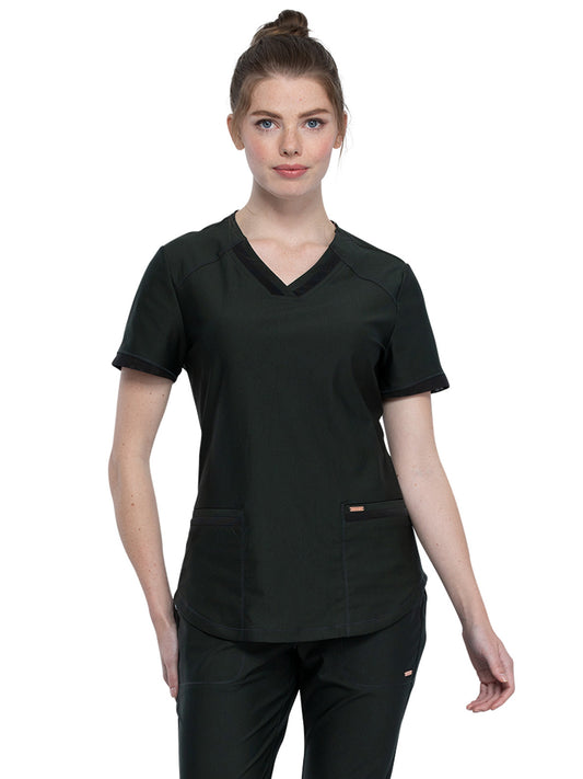 Women's 2-Pocket Curved Hemline V-Neck Top - CK840 - Olive Branch