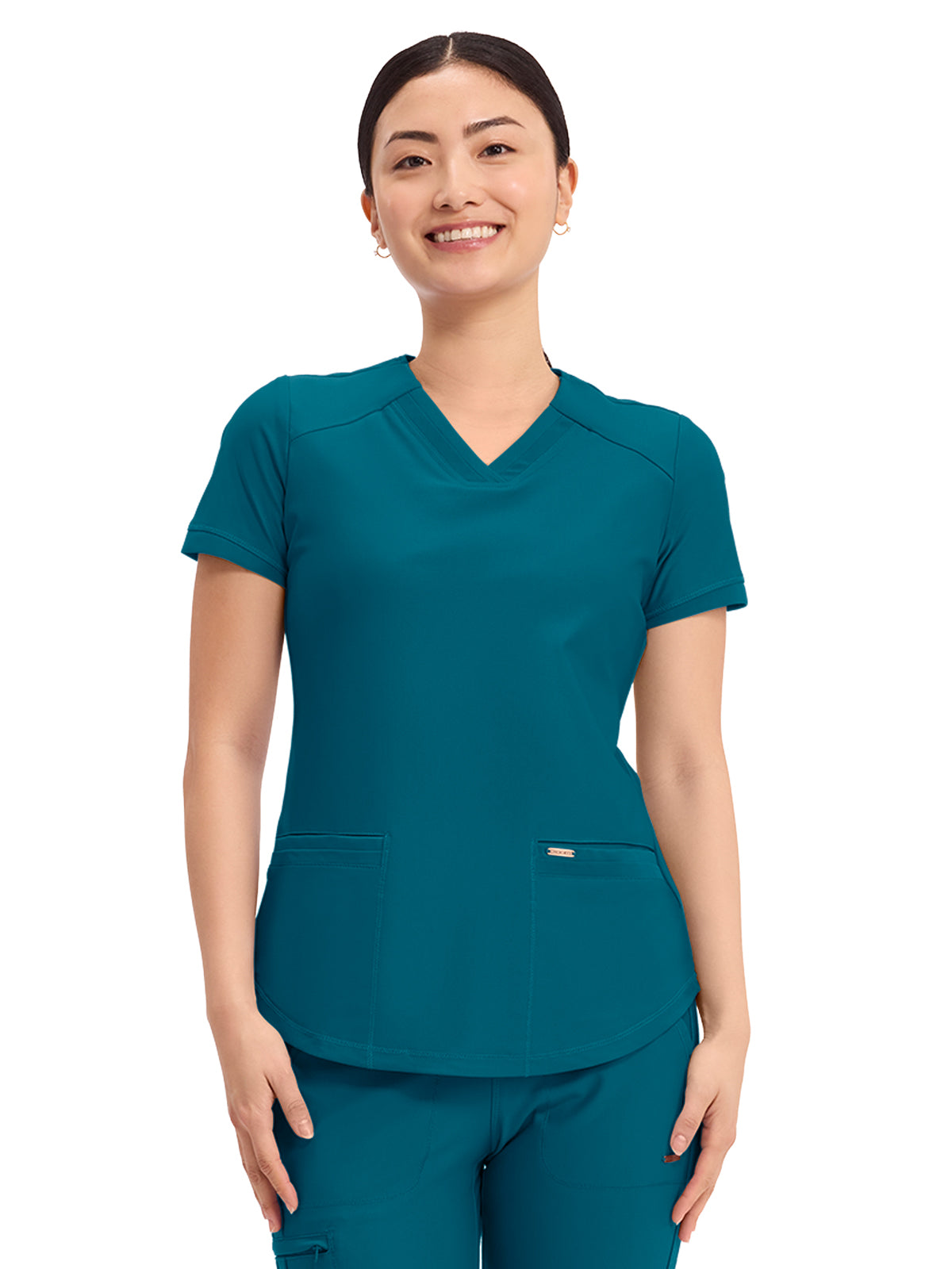 Women's 2-Pocket Curved Hemline V-Neck Top - CK840 - Paradise Cove