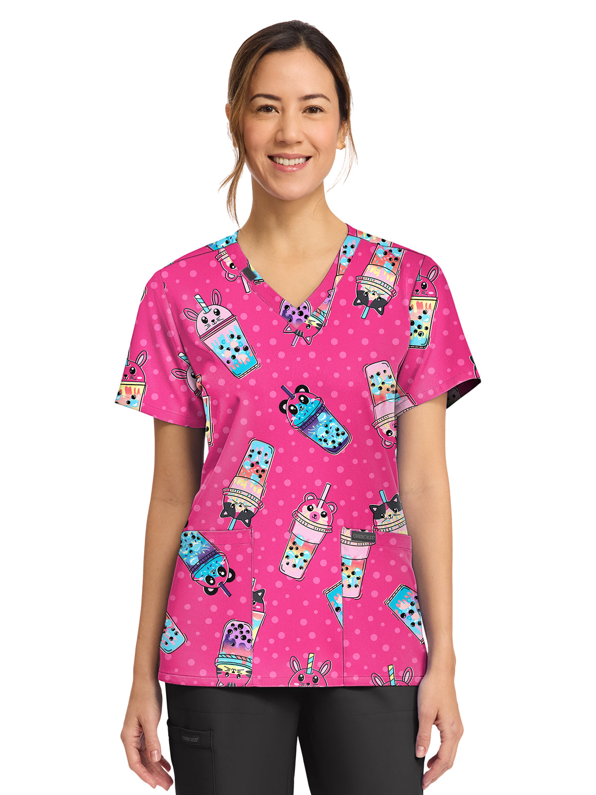 Women's 2-Pocket Print V-Neck Scrub Top - CK856 - Boba Party