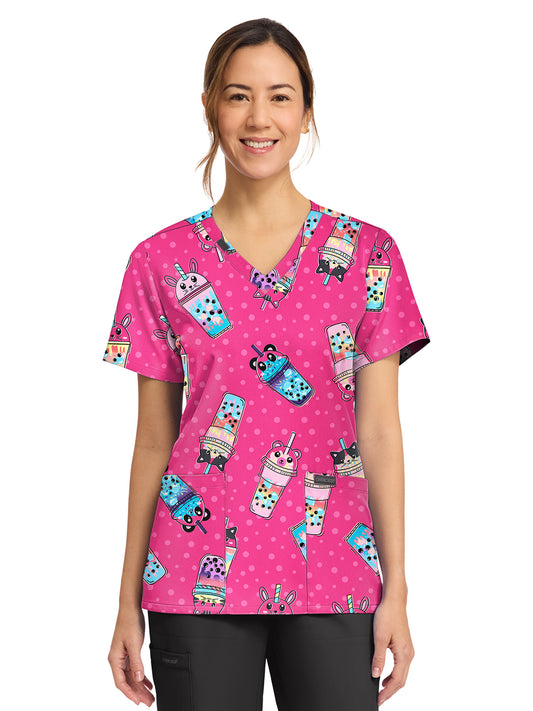 Women's 2-Pocket Print V-Neck Scrub Top - CK856 - Boba Party