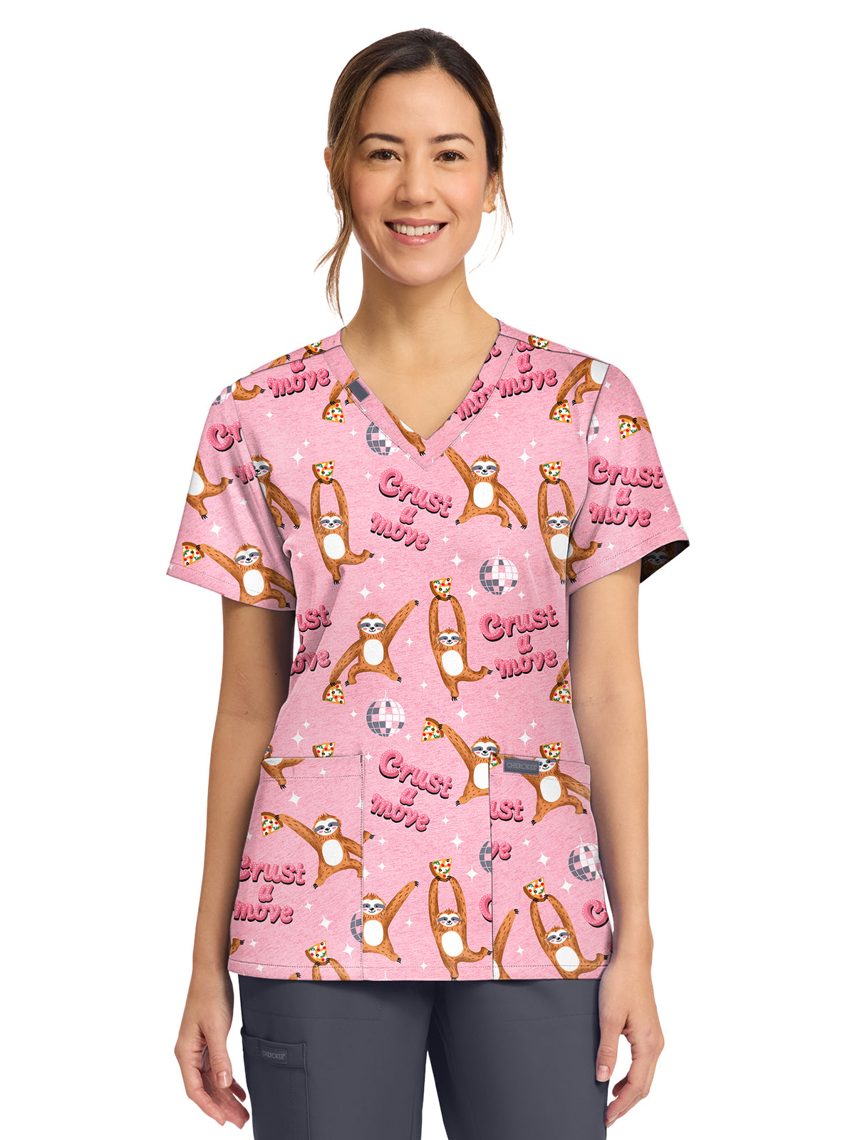 Women's 2-Pocket Print V-Neck Scrub Top - CK856 - Crust A Move