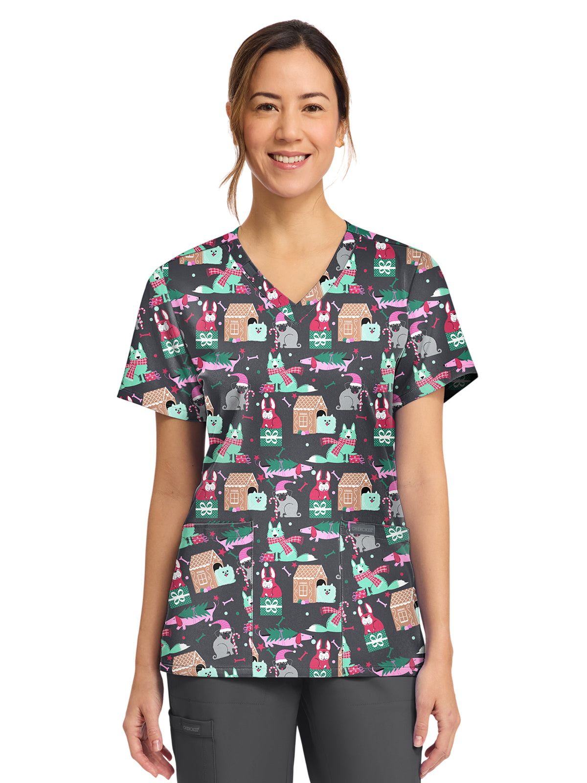 Women's 2-Pocket Print V-Neck Scrub Top - CK856 - Feliz Naughty Dogs