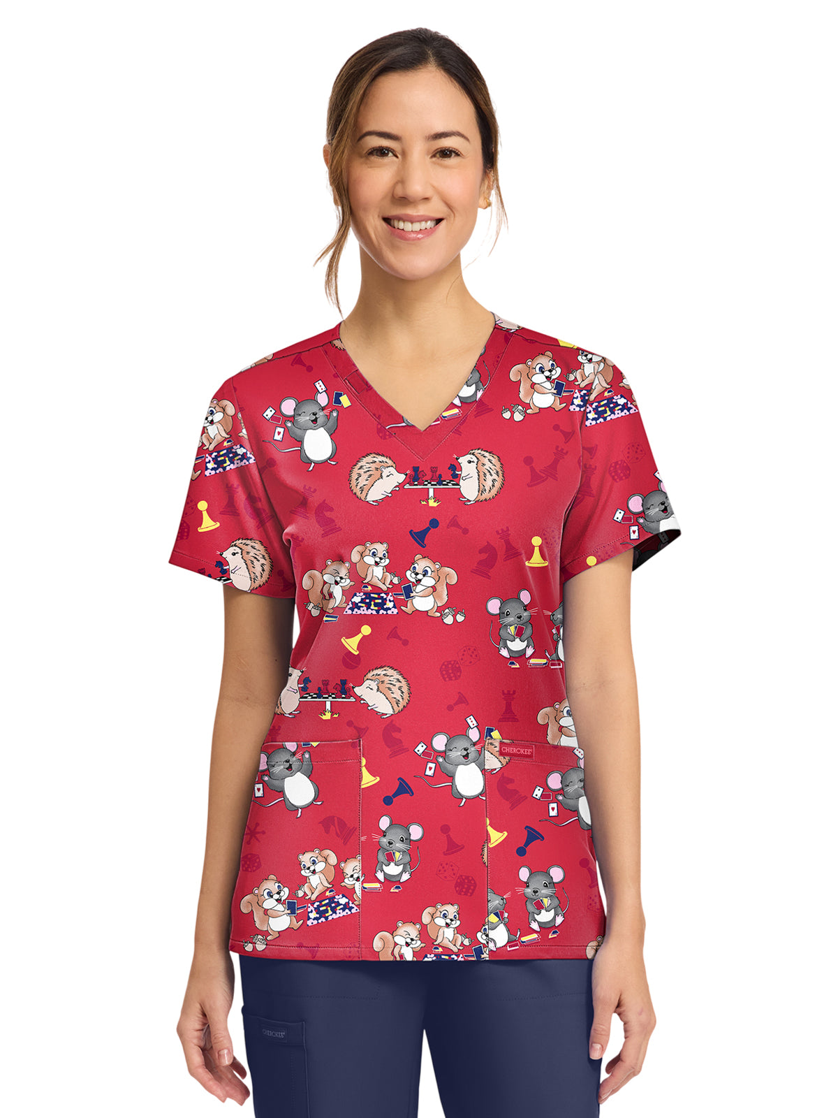 Women's 2-Pocket Print V-Neck Scrub Top - CK856 - Game Night