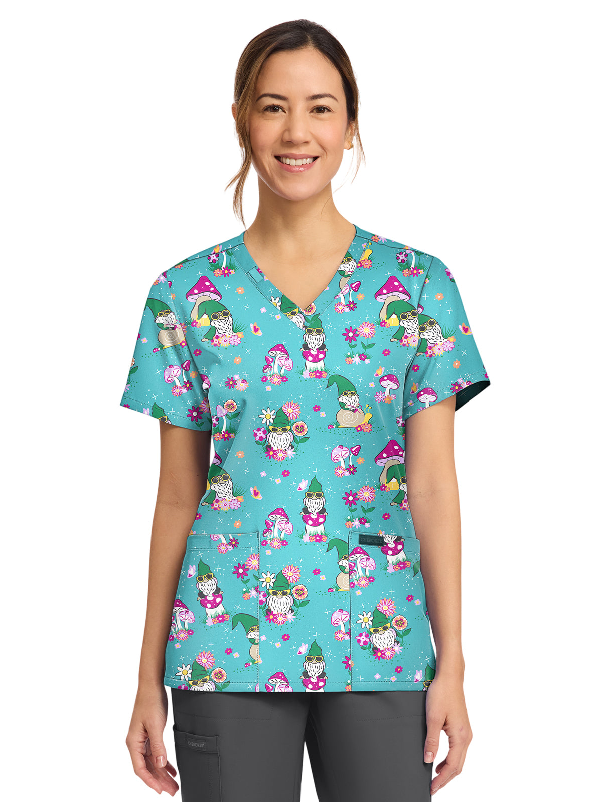 Women's 2-Pocket Print V-Neck Scrub Top - CK856 - Gnomes At Home