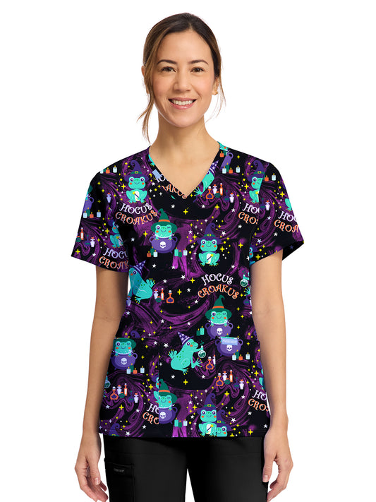 Women's 2-Pocket Print V-Neck Scrub Top - CK856 - Hocus Croakus