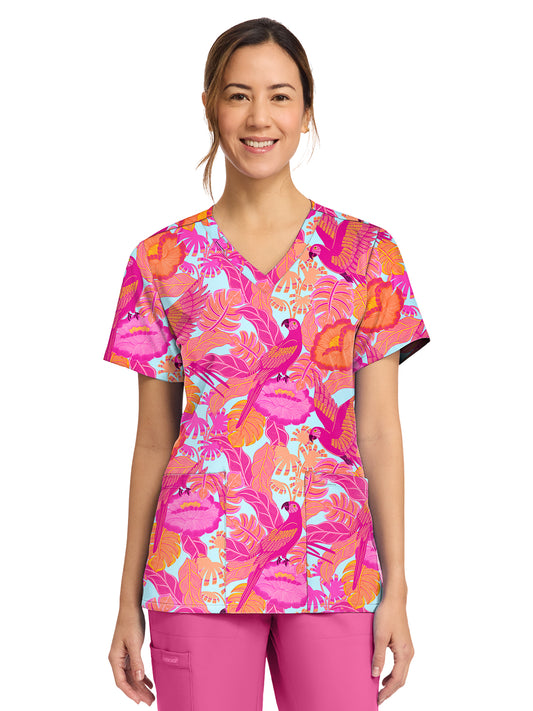 Women's 2-Pocket Print V-Neck Scrub Top - CK856 - Macaw Mania