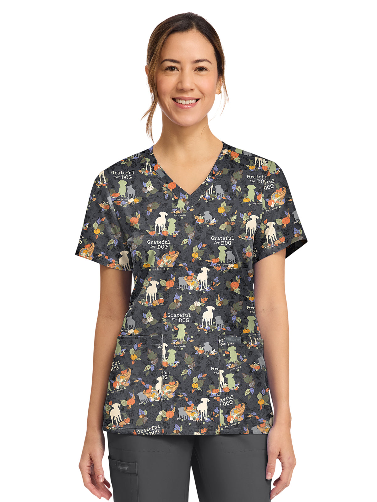 Women's 2-Pocket Print V-Neck Scrub Top - CK856 - Grateful For Dog