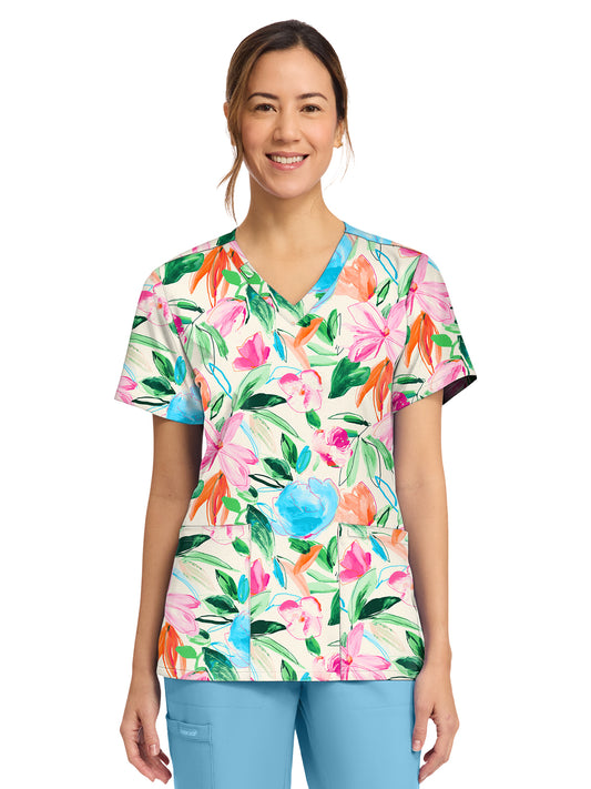 Women's 2-Pocket Print V-Neck Scrub Top - CK856 - Painterly Floral