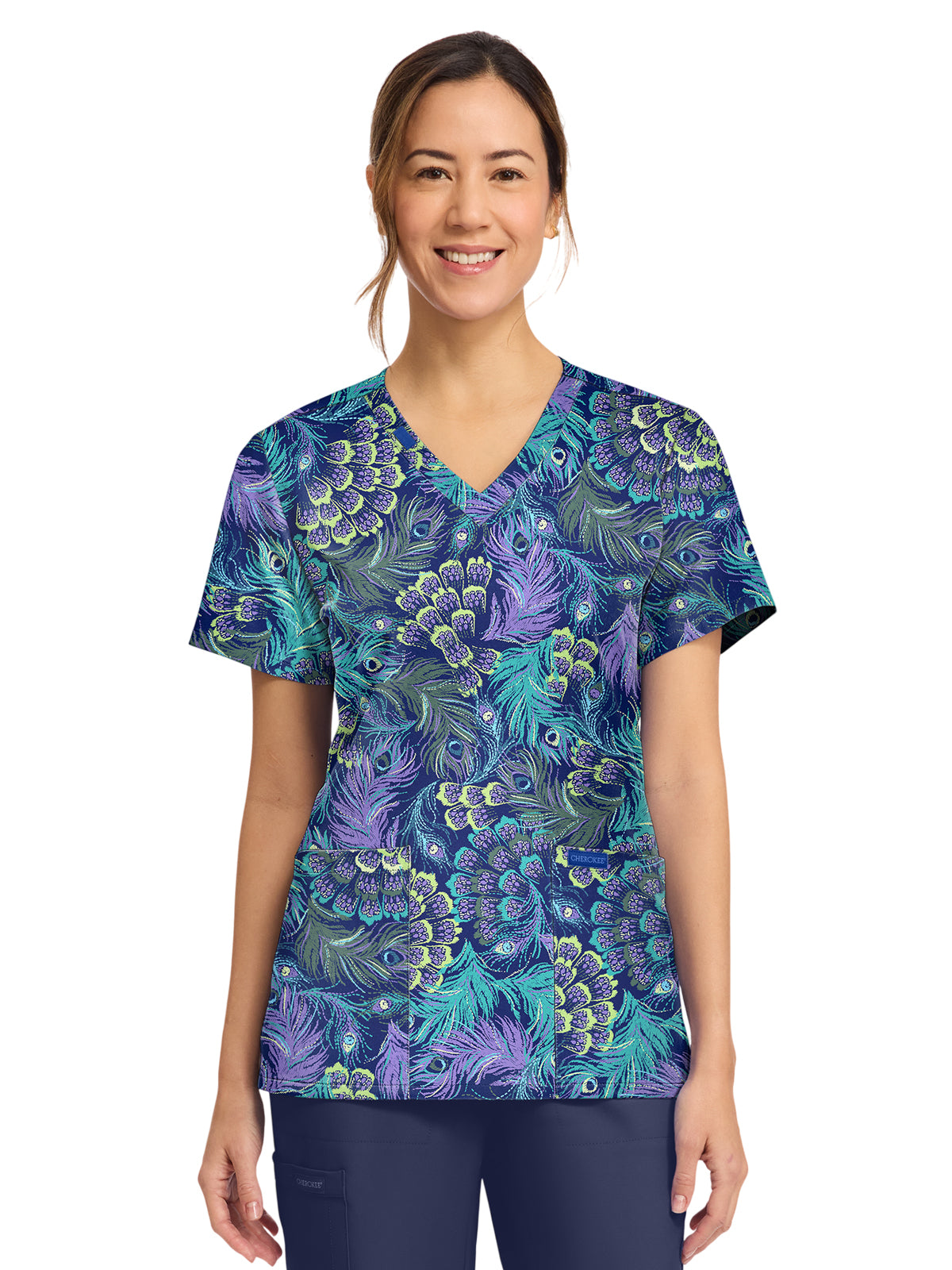 Women's 2-Pocket Print V-Neck Scrub Top - CK856 - Pretty Peacock