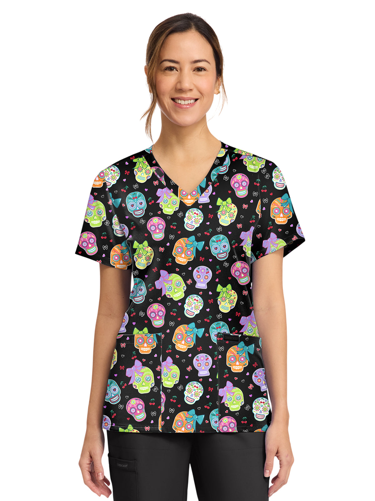 Women's 2-Pocket Print V-Neck Scrub Top - CK856 - Sweety Skull