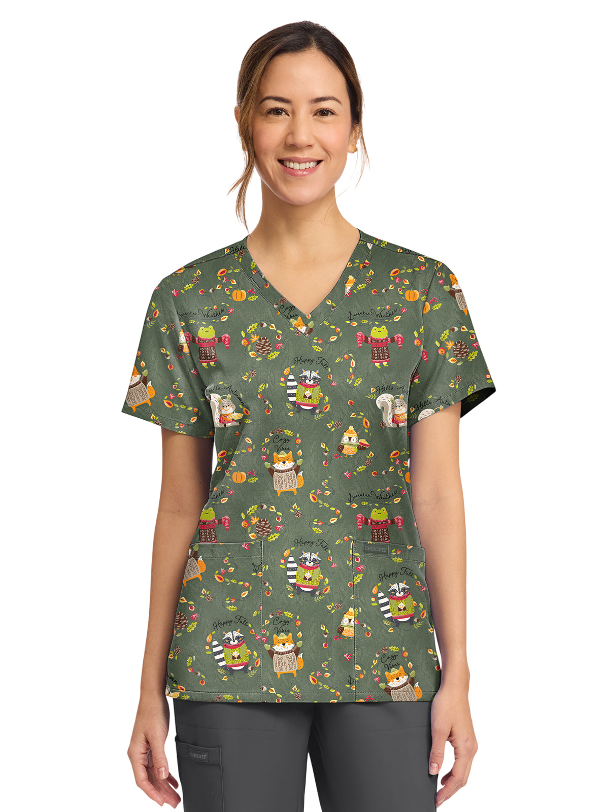 Women's 2-Pocket Print V-Neck Scrub Top - CK856 - Sweater Weather