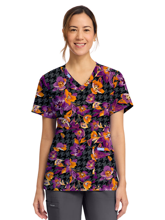 Women's 2-Pocket Print V-Neck Scrub Top - CK856 - Velvet Floral