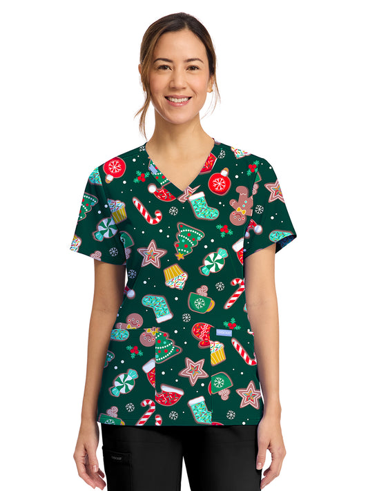 Women's 2-Pocket Print V-Neck Scrub Top - CK856 - Waiting For Santa