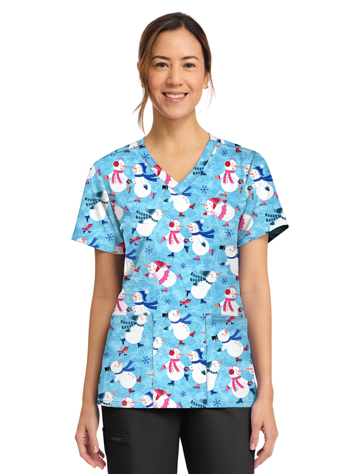 Women's 2-Pocket Print V-Neck Scrub Top - CK856 - Winter Wonderland