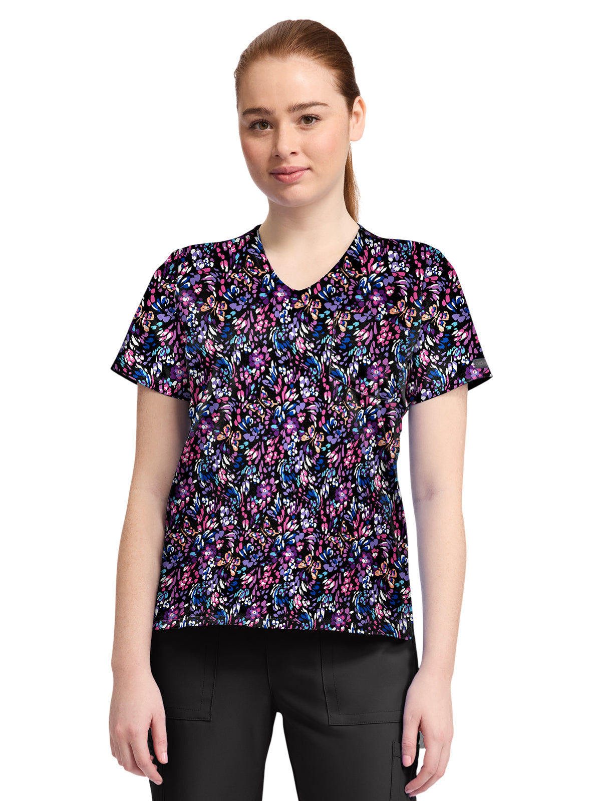 Women's 1-Pocket Print High-Low V-Neck Scrub Top - CK857 - Butterfly Confetti