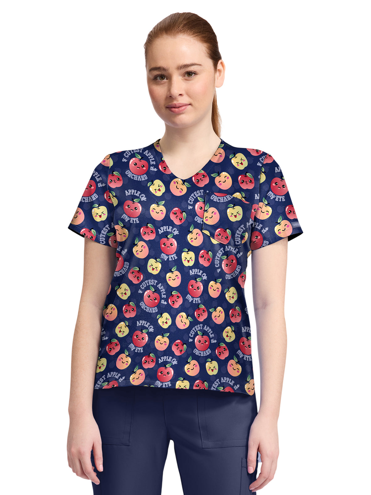 Women's 1-Pocket Print High-Low V-Neck Scrub Top - CK857 - Cutest Apple