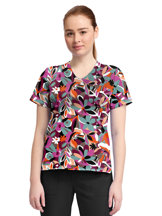Women's 1-Pocket Print High-Low V-Neck Scrub Top - CK857 - Cut Flowers