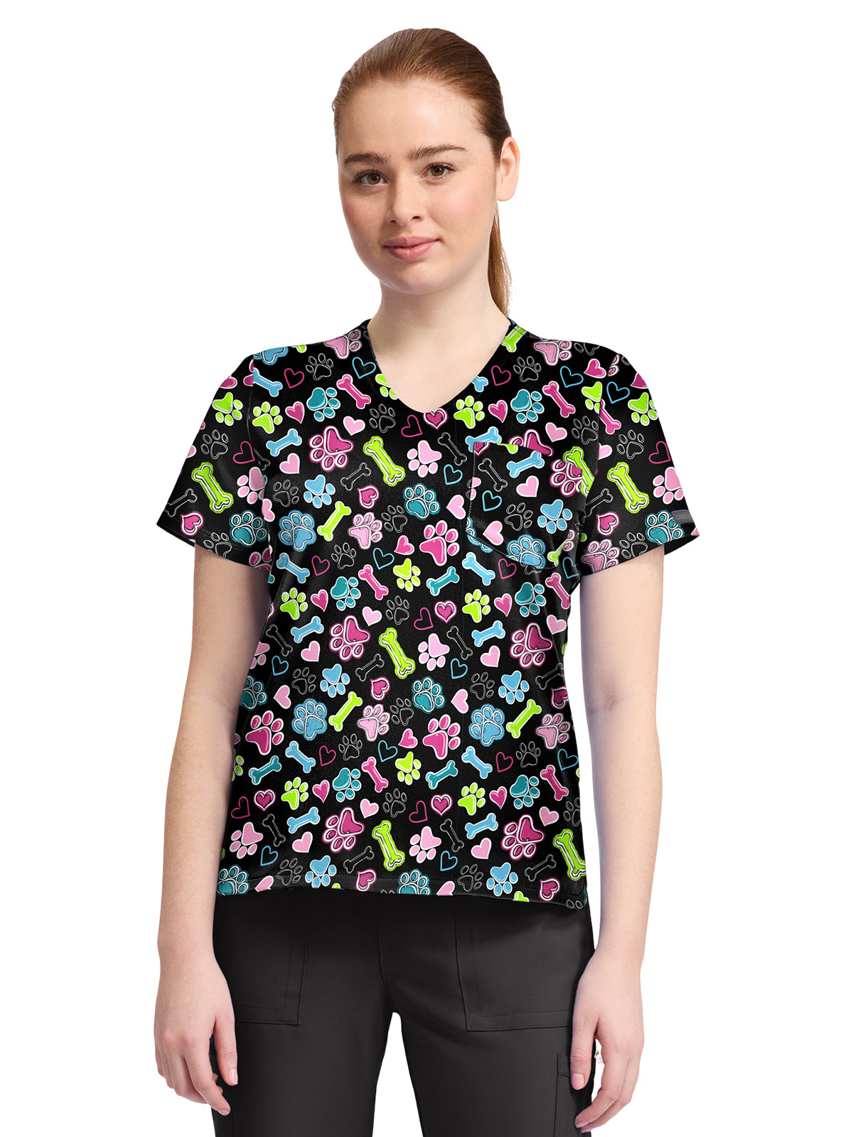 Women's 1-Pocket Print High-Low V-Neck Scrub Top - CK857 - Doggy Doodle