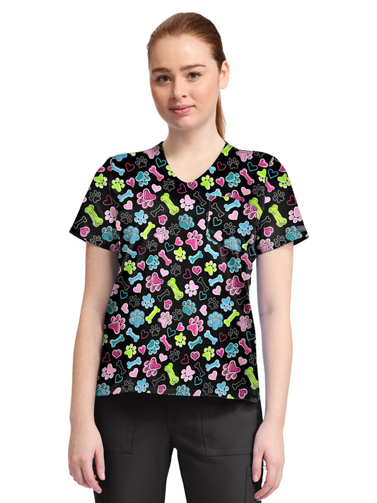 Women's 1-Pocket Print High-Low V-Neck Scrub Top - CK857 - Doggy Doodle