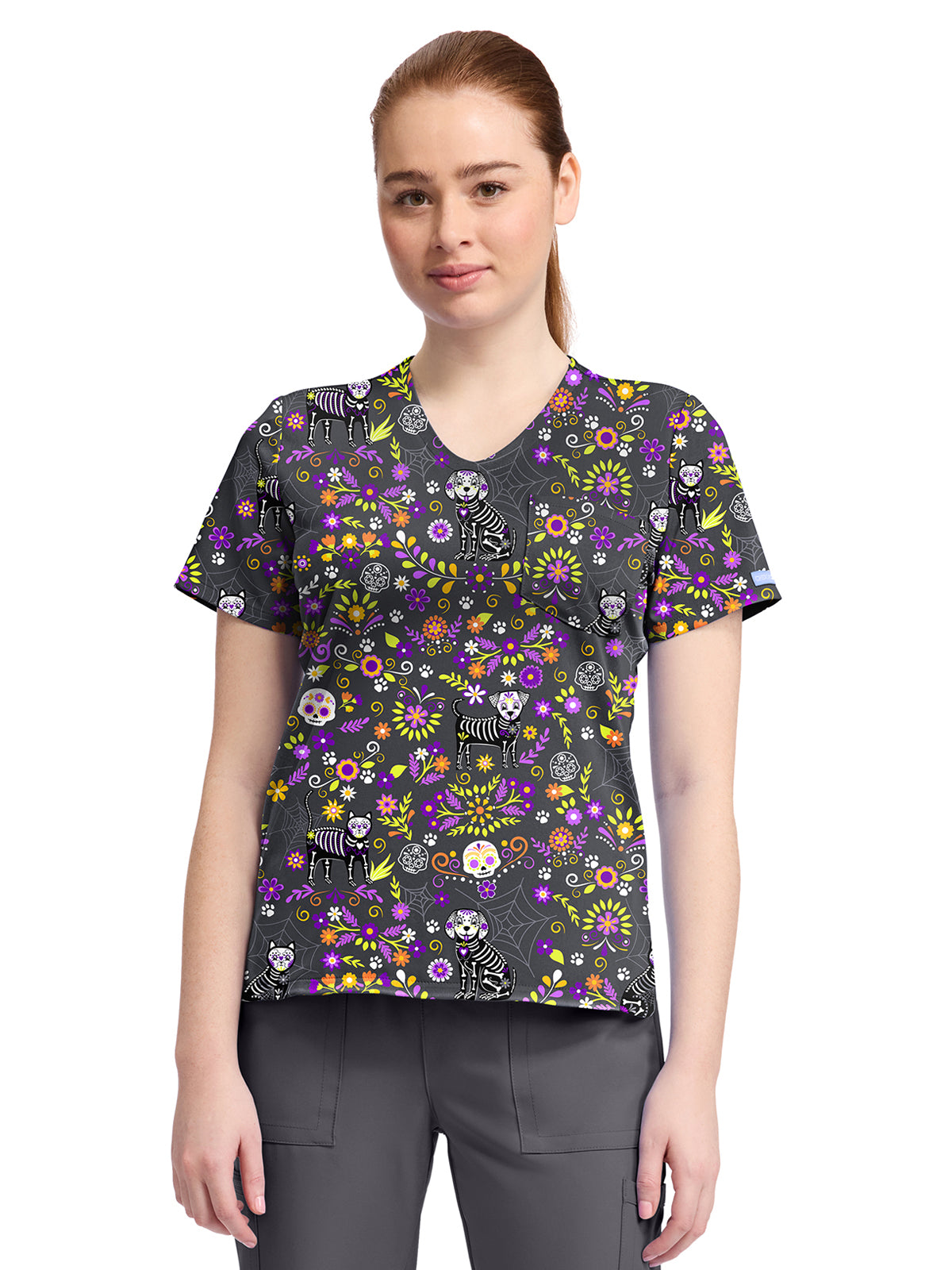 Women's 1-Pocket Print High-Low V-Neck Scrub Top - CK857 - Day Of The Pets