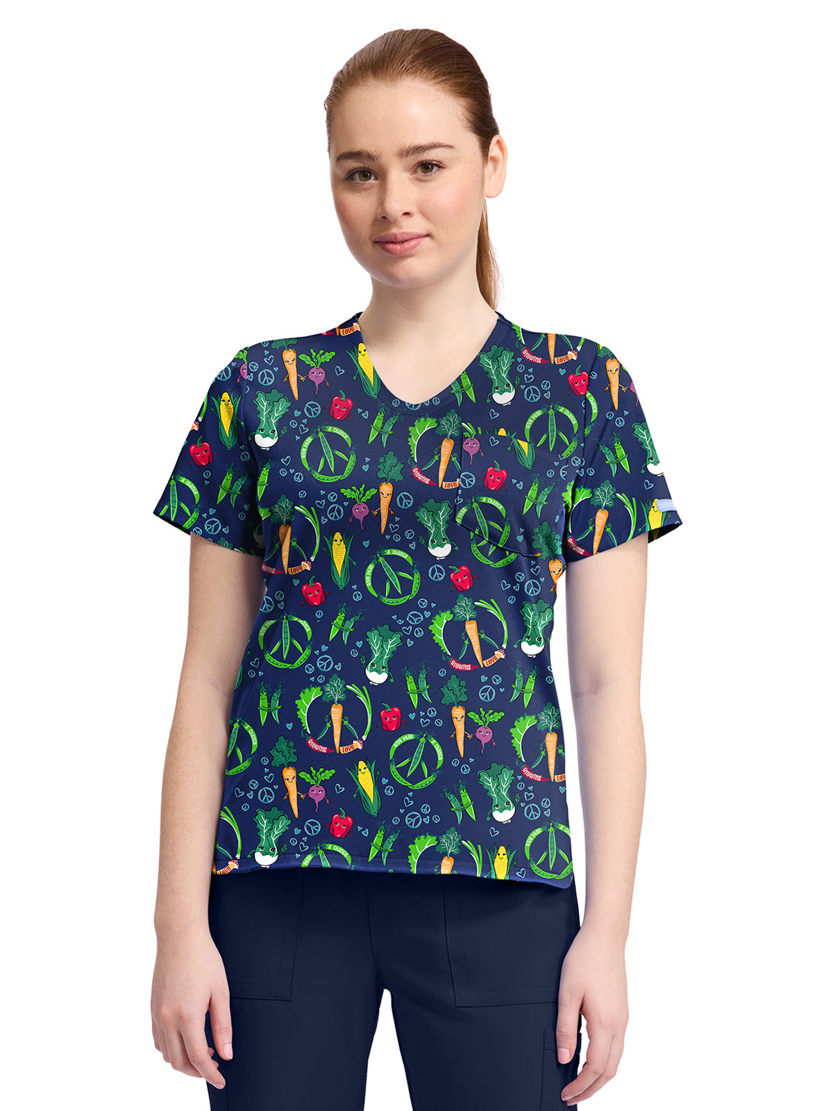 Women's 1-Pocket Print High-Low V-Neck Scrub Top - CK857 - Growing Love