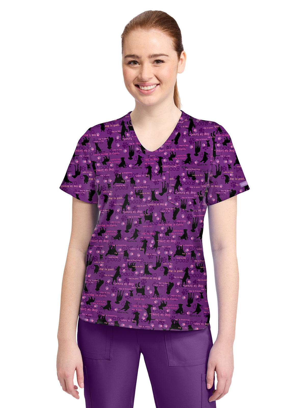 Women's 1-Pocket Print High-Low V-Neck Scrub Top - CK857 - Dogisms
