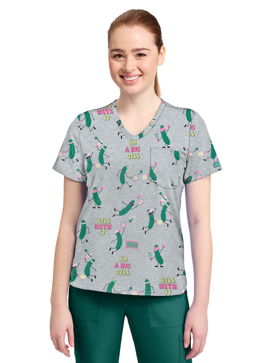 Women's 1-Pocket Print High-Low V-Neck Scrub Top - CK857 - Pickleball Toile