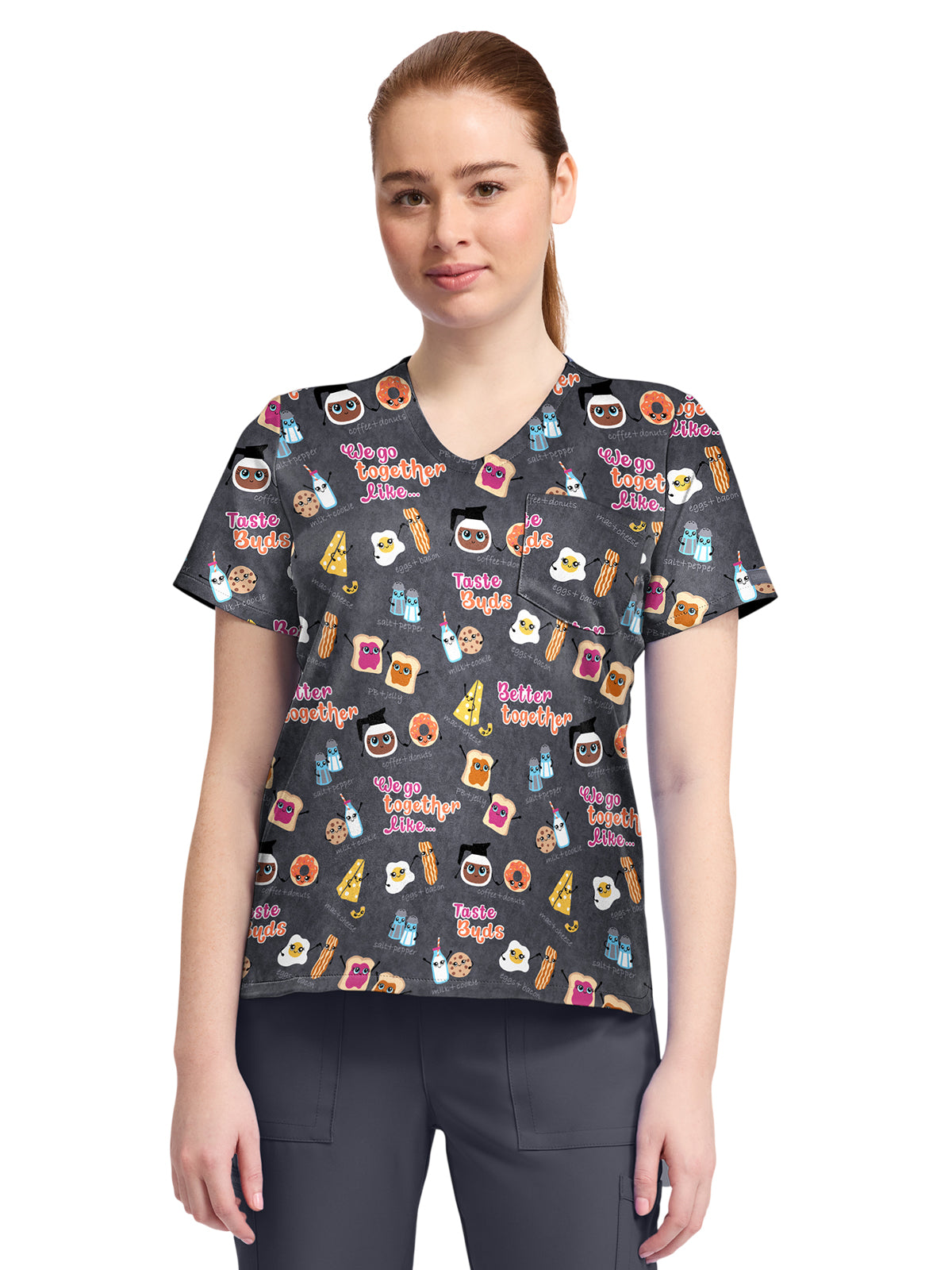 Women's 1-Pocket Print High-Low V-Neck Scrub Top - CK857 - Taste Buds