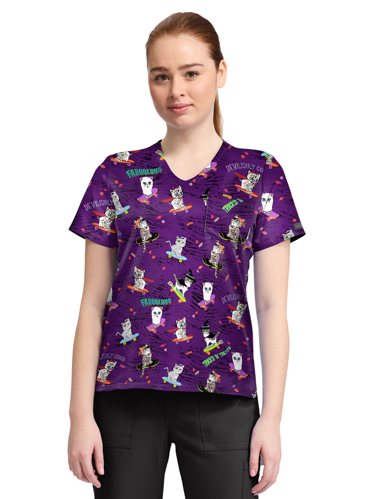 Women's 1-Pocket Print High-Low V-Neck Scrub Top - CK857 - Tricks N Treats