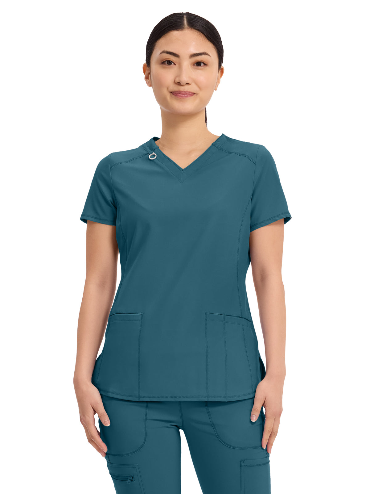 Women's 2-Pocket V-Neck Top - CK865A - Caribbean Blue