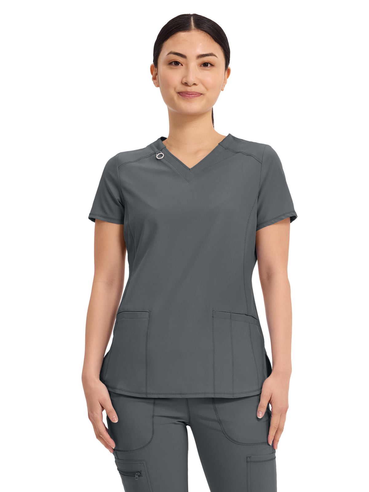 Women's 2-Pocket V-Neck Top - CK865A - Pewter