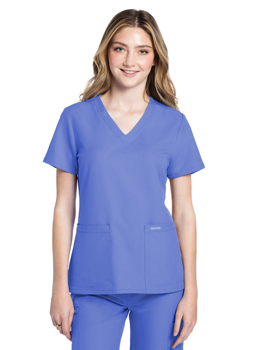 Women's 2-Pocket V-Neck Top - CK953A - Ciel Blue