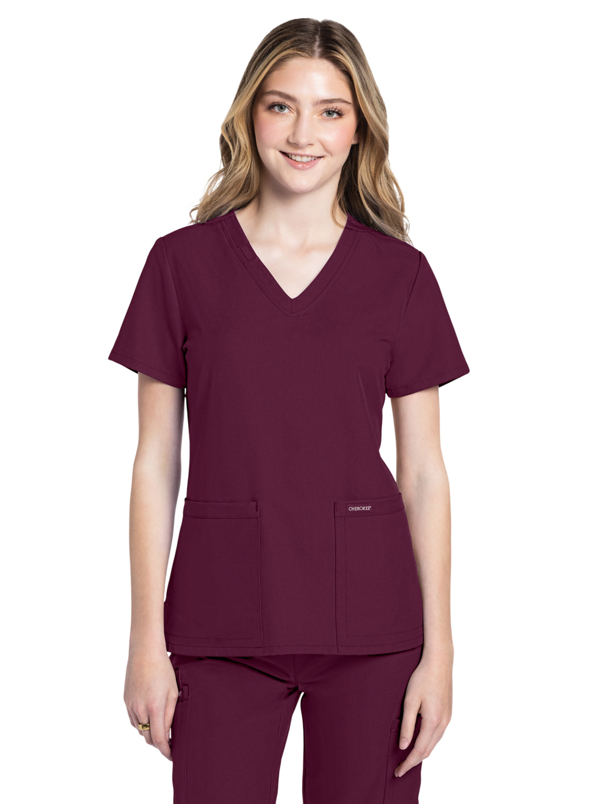 Women's 2-Pocket V-Neck Top - CK953A - Wine