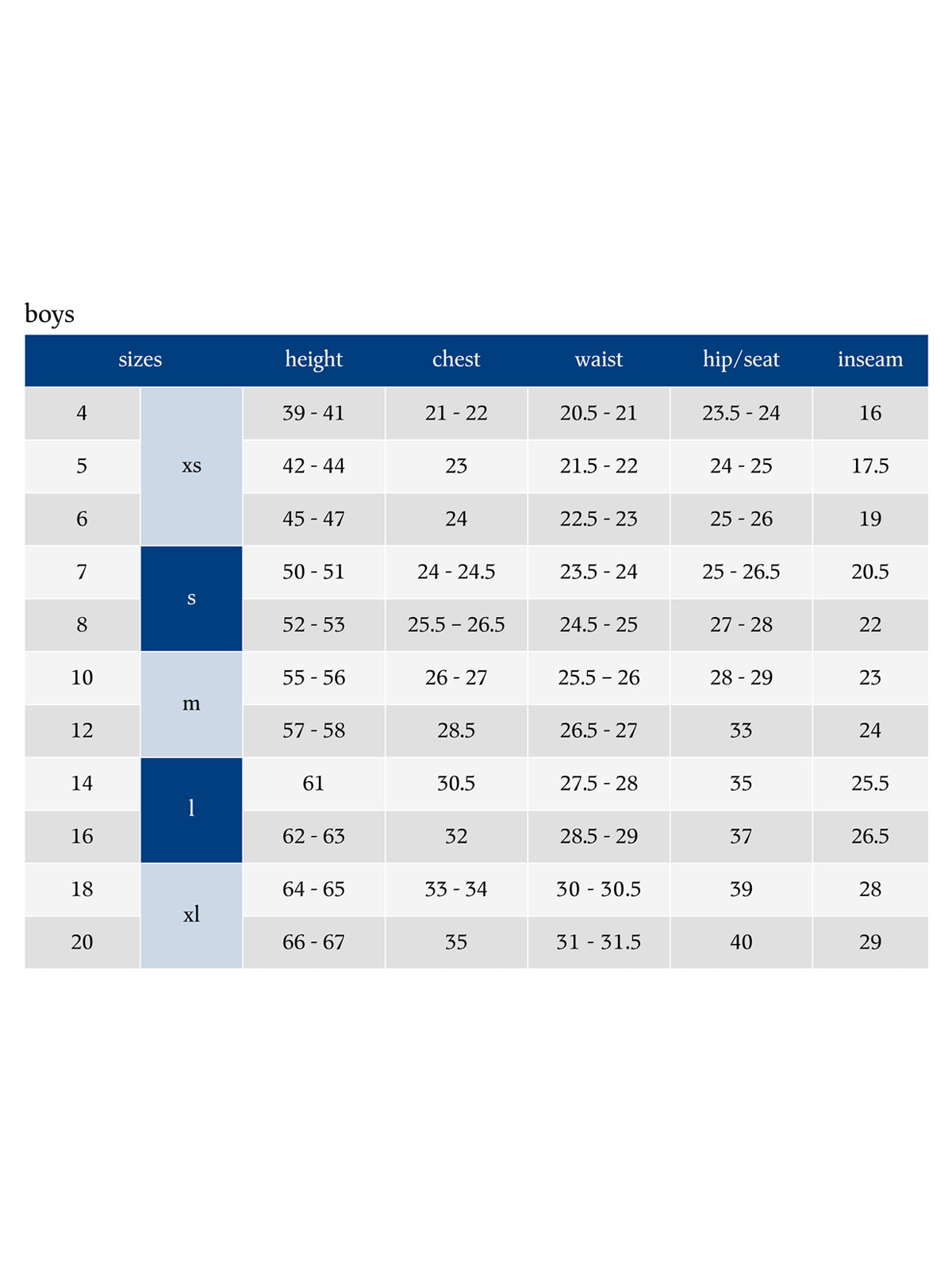 SIZECHART