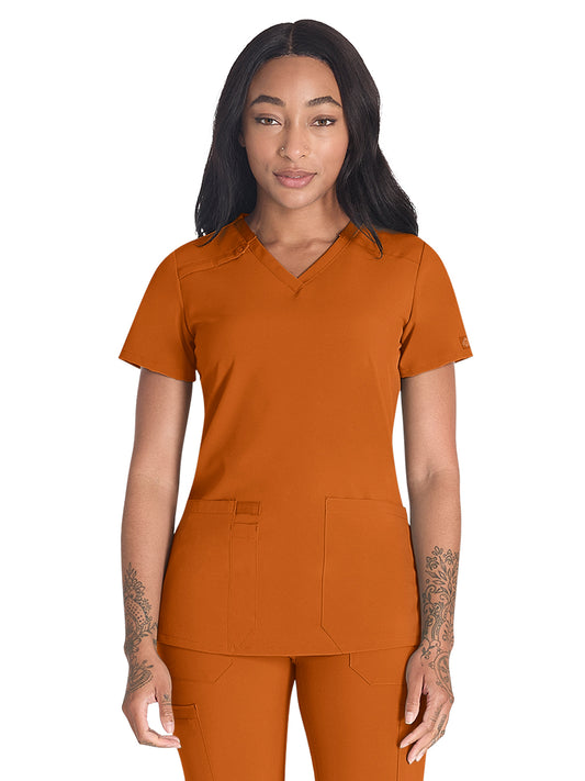 Women's 2-Pocket Contemporary V-Neck Top - DK615 - Apricot Orange