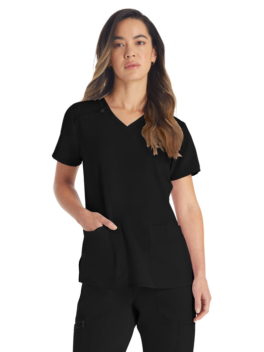 Women's 2-Pocket Contemporary V-Neck Top - DK615 - Black