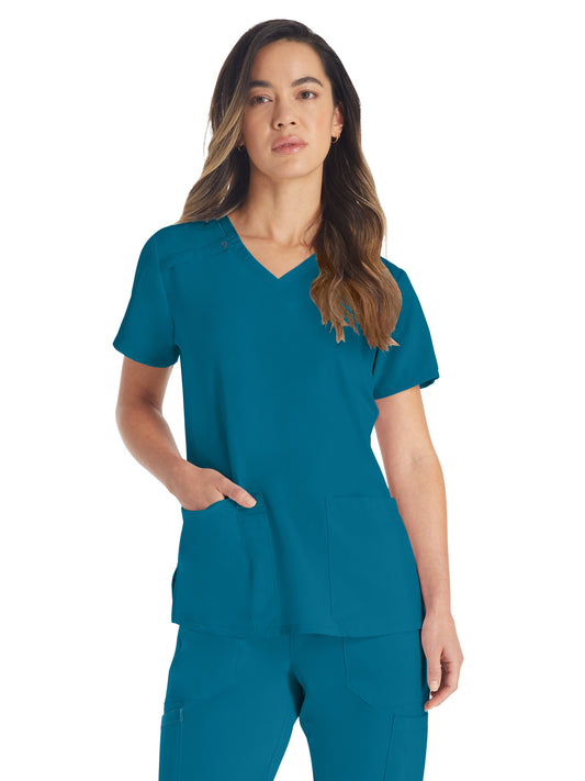 Women's 2-Pocket Contemporary V-Neck Top - DK615 - Caribbean Blue