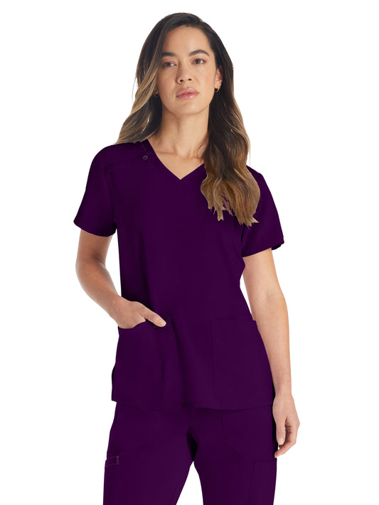 Women's 2-Pocket Contemporary V-Neck Top - DK615 - Eggplant
