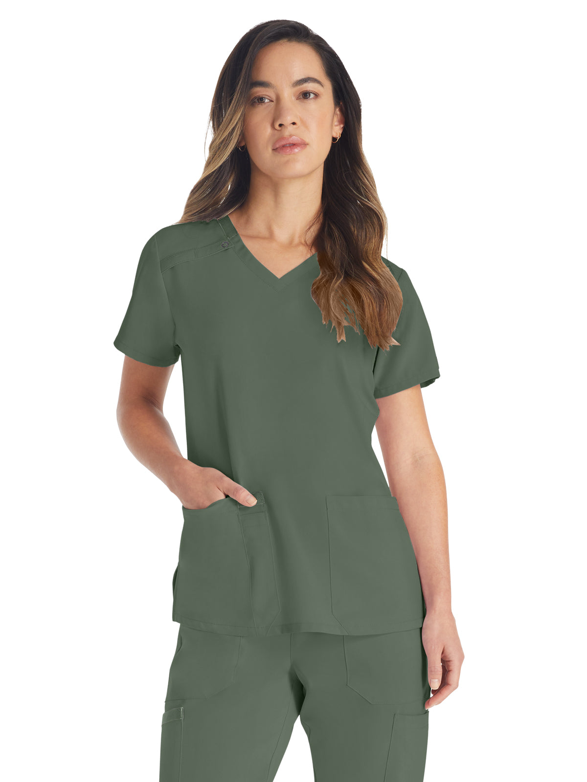 Women's 2-Pocket Contemporary V-Neck Top - DK615 - Olive