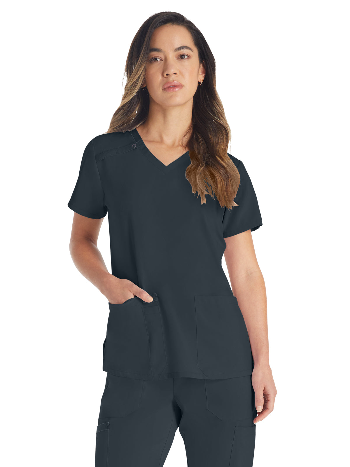 Women's 2-Pocket Contemporary V-Neck Top - DK615 - Pewter