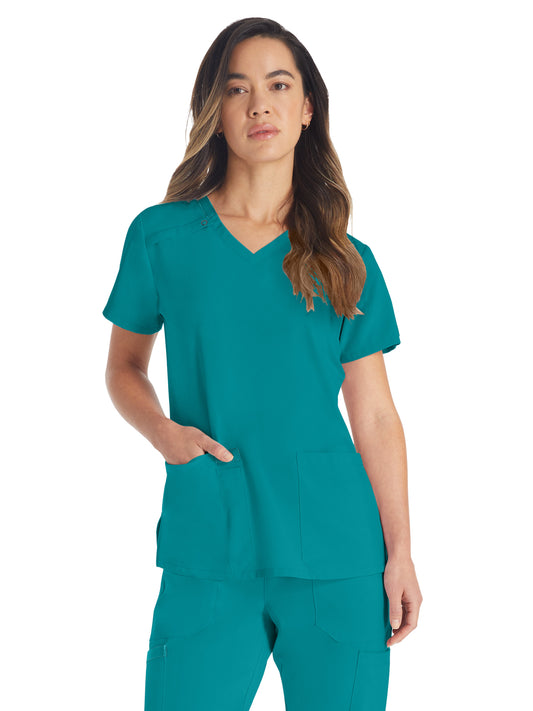 Women's 2-Pocket Contemporary V-Neck Top - DK615 - Teal Blue