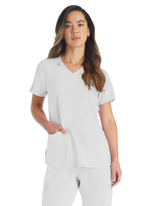 Women's 2-Pocket Contemporary V-Neck Top - DK615 - White