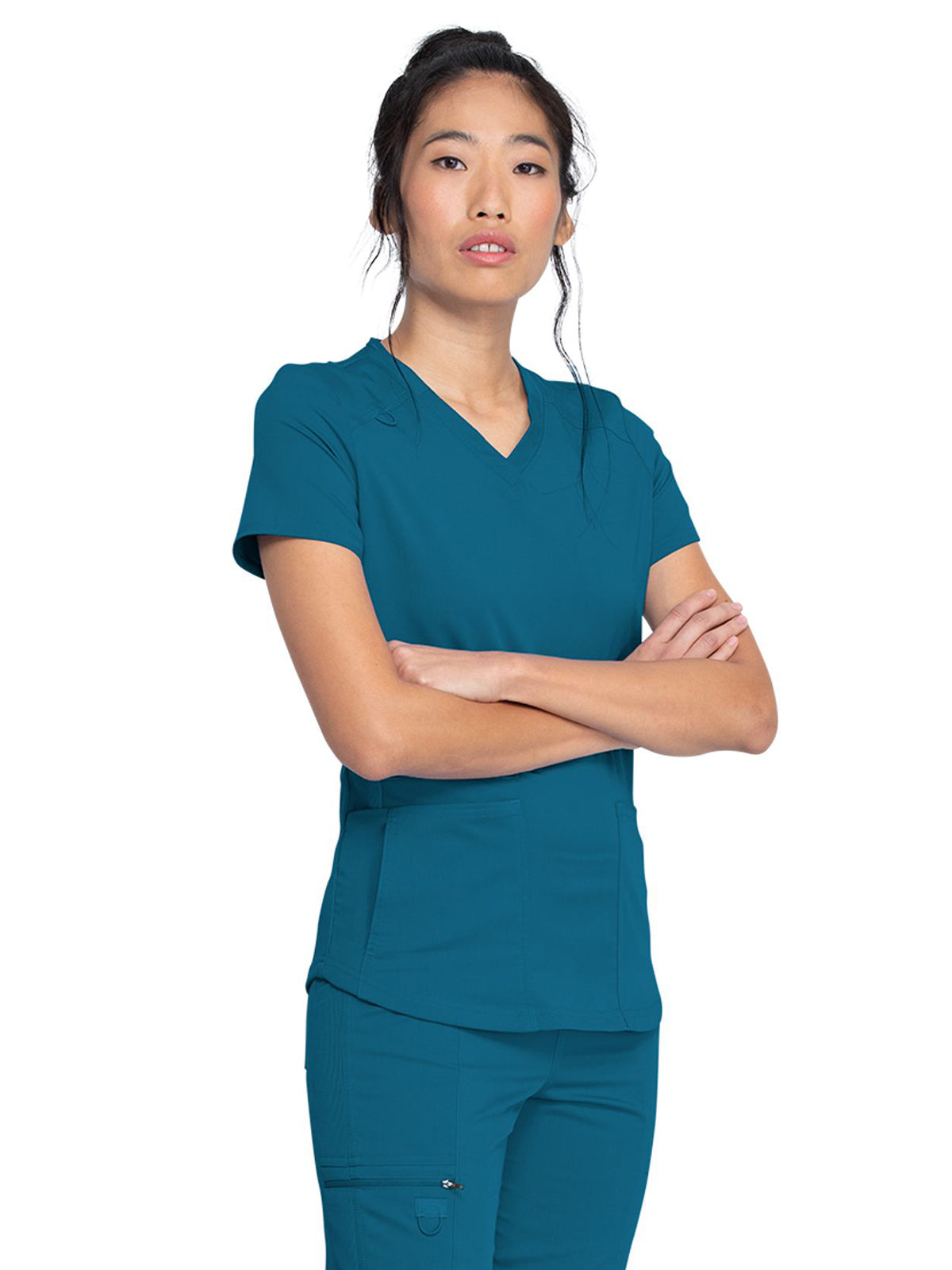 Women's 5-Pocket Rib Knit V-Neck Top - DK875 - Caribbean Blue
